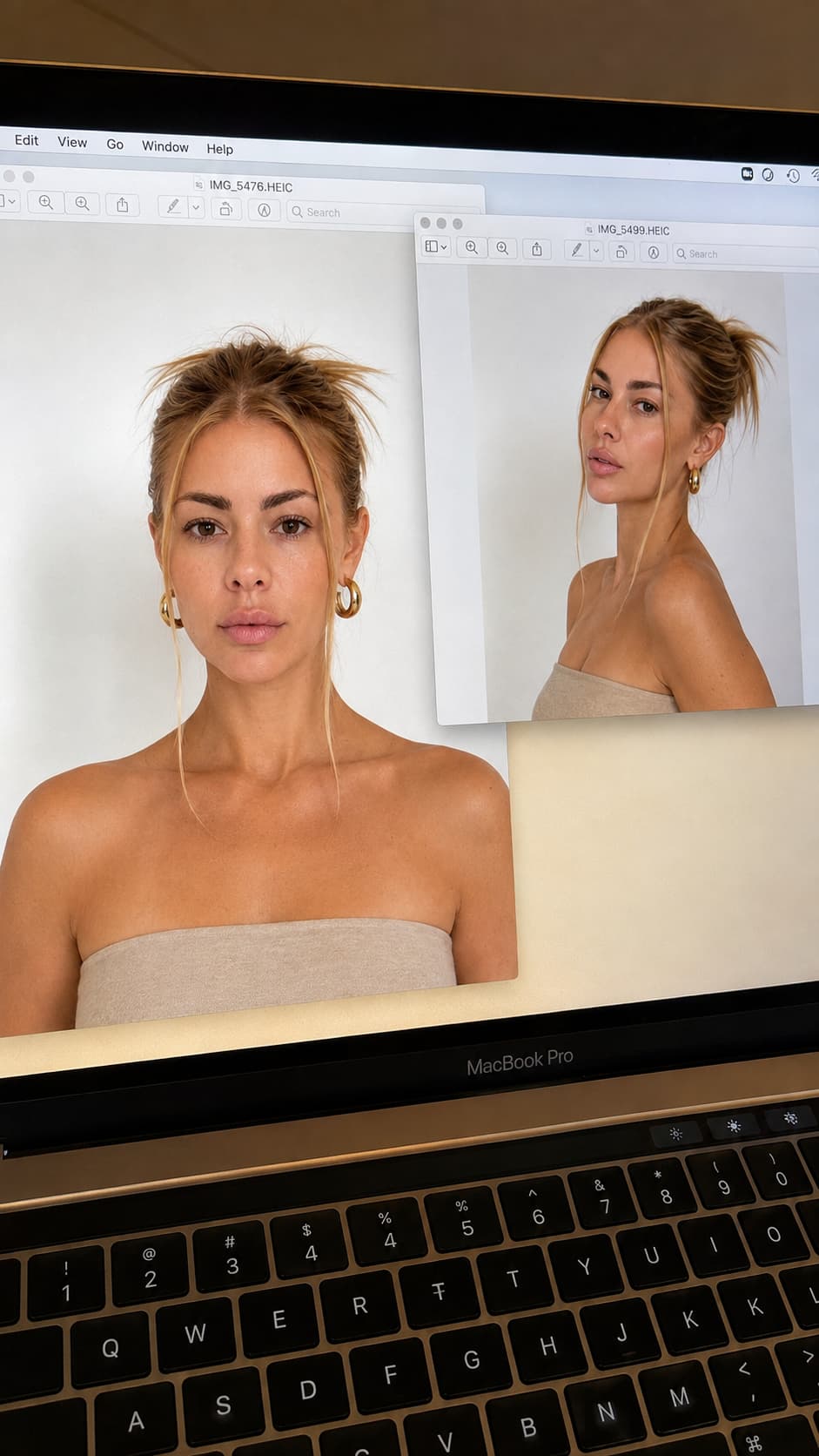 Two portrait photos open side by side on a laptop screen