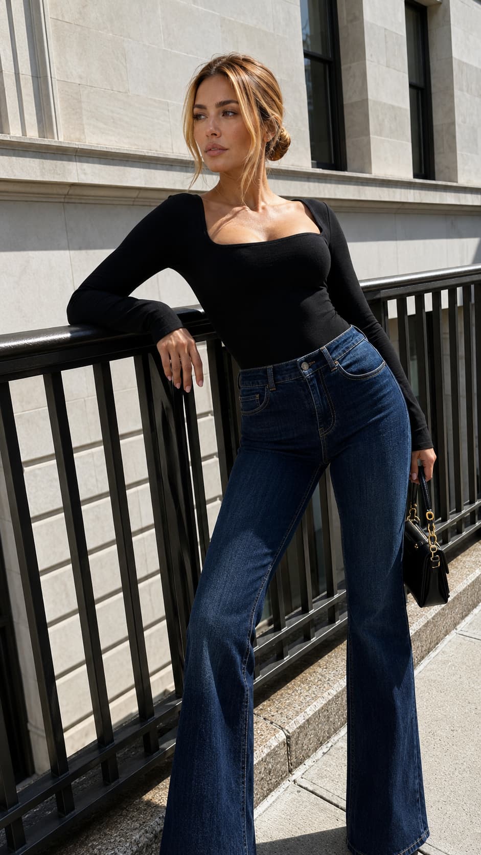 Aleksandra in a black top and wide-leg jeans on a city street